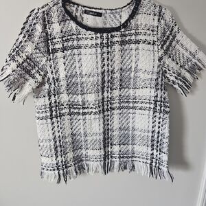 SHEIN Black and White Plaid Tweed Fringe Short Sleeve Top